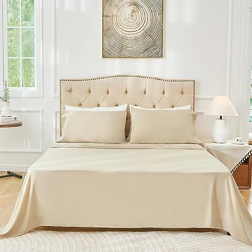 Beige Full Size Bed Sheet Sets-Deep Pocket Fitted Sheet & Pillowcase Sets-4 Piece Soft Cooling Microfiber Bedsheets for Double Bed