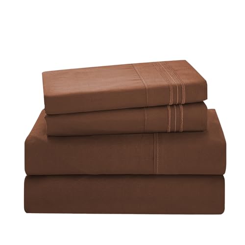 Brown Full Size Bed Sheet Sets-Deep Pocket Fitted Sheet & Pillowcase Sets-4 Piece Soft Cooling Microfiber Bedsheets for Double Bed