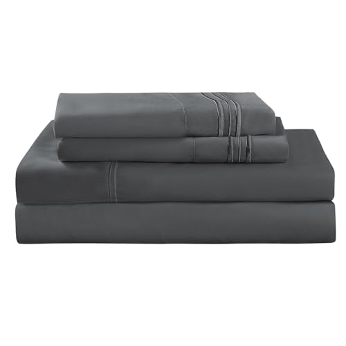 Grey Full Size Bed Sheet Sets-Deep Pocket Fitted Sheet & Pillowcase Sets-4 Piece Soft Cooling Microfiber Bedsheets for Double Bed