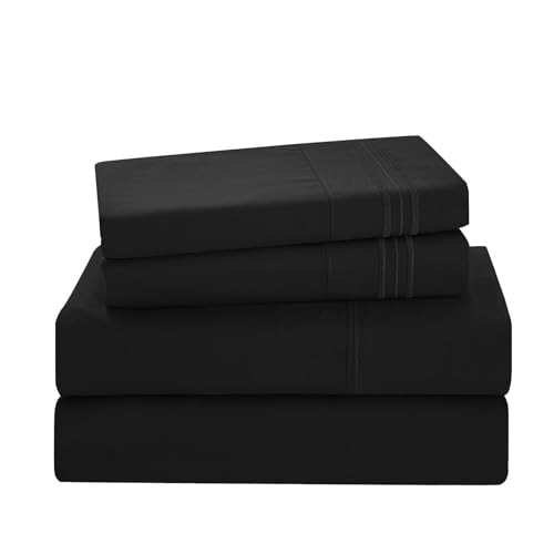 Black Full Size Bed Sheet Sets-Deep Pocket Fitted Sheet & Pillowcase Sets-4 Piece Soft Cooling Microfiber Bedsheets for Double Bed