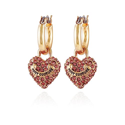 Juicy Couture Goldtone Huggie Hoop with Pave Pink Rhinestone Heart Charm Dangle Earrings