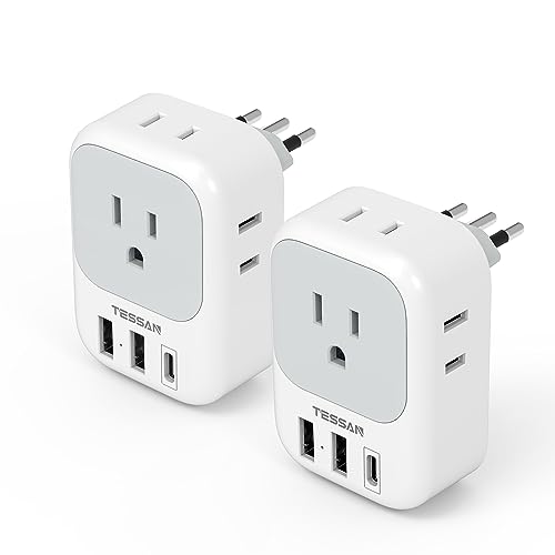 Italy Travel Plug Adapter 2 Pack, TESSAN Italy Power Adapter with 4 Outlets 3 USB Charger (1 USB C Port), Type L Adapter for US to Italy Chile Ethiopia Libya Syria Tunisia Uruguay