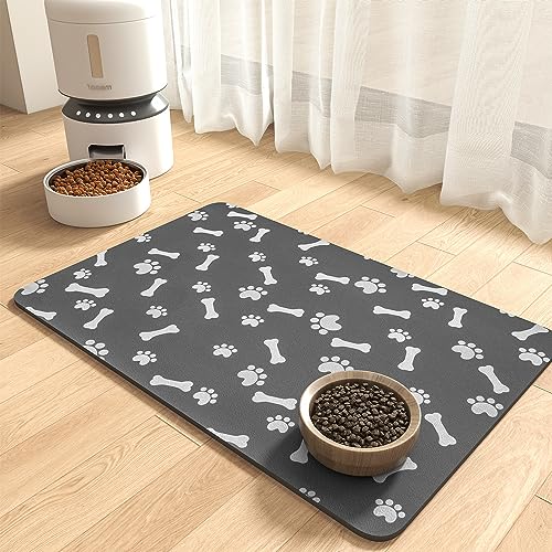 Pet Feeding Mat-Absorbent Dog Food Mat-Dog Mat for Food and Water-No Stains Quick Dry Dog Water Dispenser Mat-Pet Supplies-Dog Placemat Dog Water Bowl for Messy Drinkers 12"X19" Dark Grey