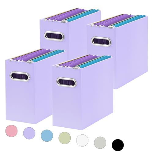 Oterri File Organizer, Small Storage Box, Cardboard File Folder Organizer, Collapsible File Box, Hanging File Organizer for Letter Size, Portable File Box with Handle, Only Box (Purple,4 Packs)