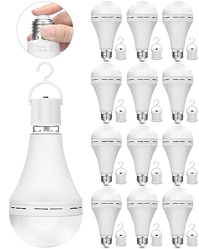 Mudder 12 Pcs 15W Rechargeable Emergency LED Bulb Battery Backup Emergency Light 1200mAh Battery Operated Light Bulb for Power Outage Home Outdoor Activity Camping Hurricane, 7000K Daylight, E27 Base