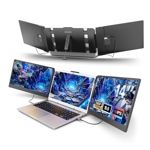 domyfan 14" Laptop Screen Extender, FHD 1080P IPS Triple Portable Monitor for Laptop, HDMI_USB-A_Type-C Plug and Play for Windows, Mac, Android, Chrome, Switch & PS5, Work with 13.3”-17” Laptops