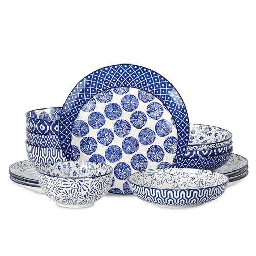 Selamica Ceramic 16-Pieces Dinnerware Set, Ceramic Dishes Set for 4, Kitchen Plates and Bowls Sets, Dinner Plates Set for Salad Dessert, Cereal Bowls, Soup Plate Pasta Bowl(Vintage Blue) B