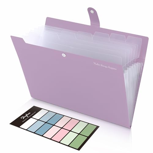 SKYDUE File Folder with Labels, Accordion File Organizer with 8 Pockets, Portable Document Organizer, A4 Letter Size, Paper Organizer for Office, Purple