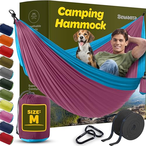 Durable Hammock 400 lb Capacity, Nylon Camping Hammock Chair - Double or Single Sizes w_Tree Straps and Attached Carry Bag - Portable for Travel_Backpacking_Beach_Backyard (Medium, Fuchsia & Sky Blue)