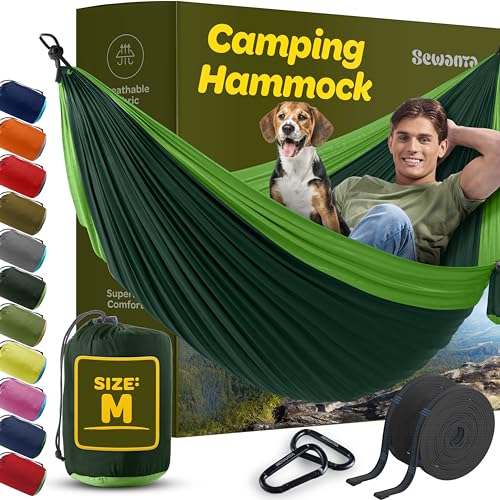 Durable Hammock 400 lb Capacity - Lightweight Nylon Camping Hammock Chair - Double or Single Sizes w_Tree Straps and Attached Carry Bag - Portable for Travel_Backpacking_ (Forest_Lima Green, Medium)