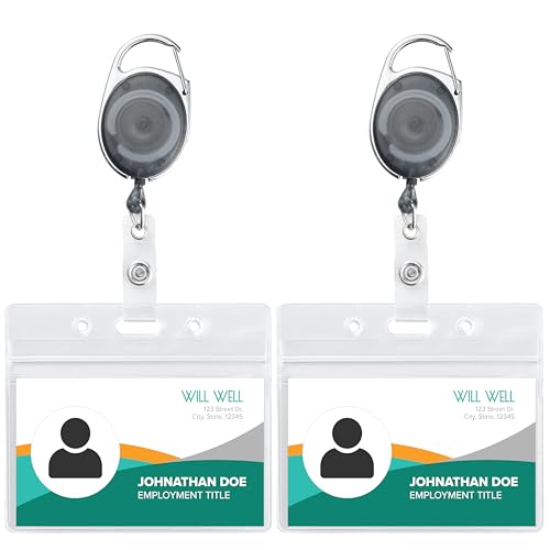 2 Pack ID Badge Holder with Clip – Transparent Grey Badge Reels with ID Sleeves Set – Clear Id Card Holder Retractable – Horizontal Lanyard Id Holder with Badge Reel, Badge Holders with 24" Pull Cord