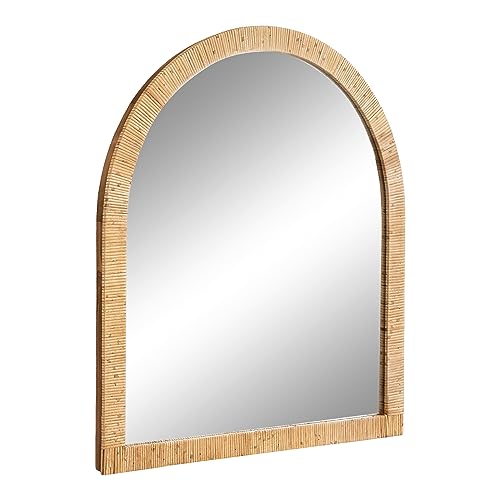 Kate and Laurel Rahfy Boho Arch Rattan Wall Mirror, 28 x 32, Natural Wood, Decorative Wooden Mirror with Authentic Rattan Frame for Bathroom Vanity Mirror