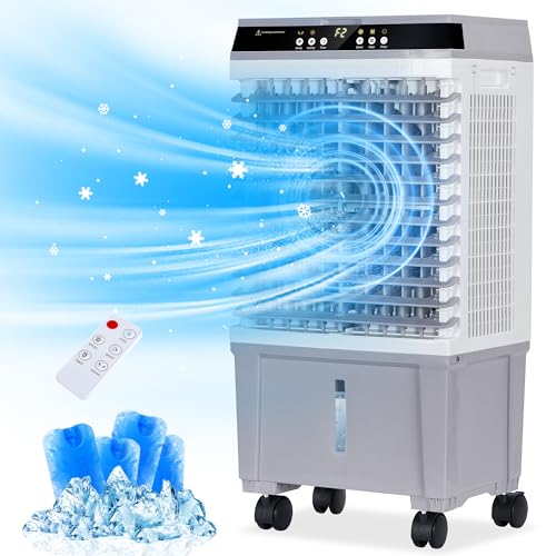 Uthfy Evaporative Air Cooler, Swamp Cooler with 5.3 Gallon Water Tank, 4 Ice Box, Remote, 12H Timer, 110°Oscillation, Portable Air Cooler Cooling Fan with 3 Speeds for Bedroom Home Office