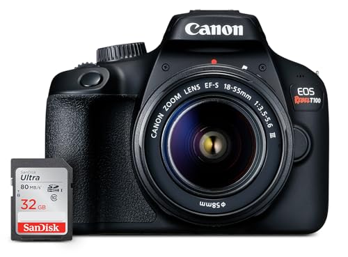 Canon EOS Rebel T100 DSLR Camera with EF-S 18-55mm f_3.5-5.6 III Lens, 18MP APS-C CMOS Sensor, Built-in Wi-Fi, Optical Viewfinder, Impressive Images & Full HD Videos, Includes 32GB SD Card