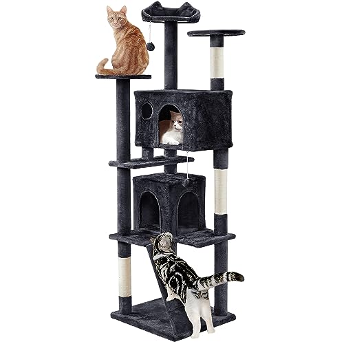 Yaheetech Larget Cat Tree, 80in Multi-Level Cat Tower with Cat Scratching Posts, Double Cat Condo, Perched Platforms and Dangling Balls, Cat Activity Center for Kittens Pet, Black