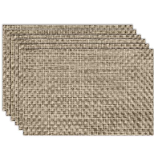 Placemats Set of 6 Washable Indoor_Outdoor Vinyl Place Mats for Dining Table Durable Non-Slip Heat Resistant PVC Weave Table Mats（Khaki）