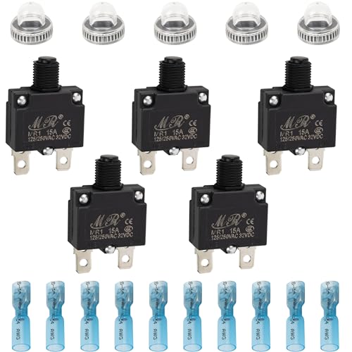 BlueStars 5 Packs 15Amp Thermal Circuit Breaker 125_250V AC 32V DC - Overload Protector with Push Button Manual Reset, Quick Connect Terminals, Waterproof Button Caps Kit