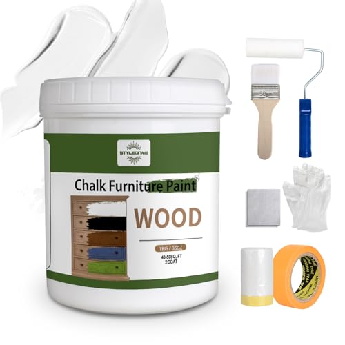 styleonme Waterbased Wood Paint White, Repair Kit Paint Household Self Brushing Paint, Furniture Renovation Color Change, Furniture Paint (1kg_35oz, 50-80sq.ft, with tools)