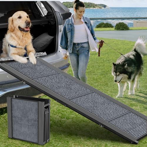 HerCcreta wigge Dog Ramp for Car, 63" Long & 17" Wide Folding Portable Pet Stair Ramp with Non-Slip Rug Surface, Extra Wide Dog Steps for Medium & Large Dogs Up to 250LBS Enter a Car, SUV & Truck