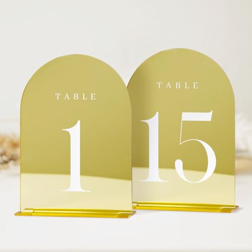 JINMURY Gold Wedding Table Numbers 1-15 with Stands, 15 Pack 5x7" Gold Acrylic Arch Sign with Stand Gold Mirror Acrylic Arch Table Numbers for Wedding Reception (5x7 Inch, Gold Table Numbers 1-15)