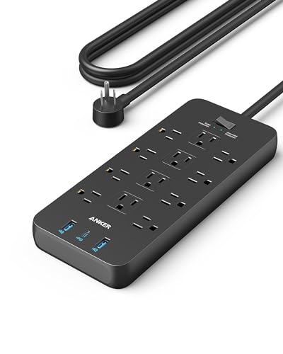 Anker Power Strip with 3 USB Ports，Surge Protector (2100J-10ft)，12 Outlets with 2 USB A Ports and 1 USB C Port,Works with iPhone 15_15 Plus_15 Pro_15 Pro Max,for Home,Office, TUV Listed