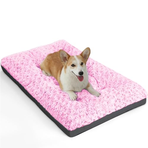 POCBLUE Deluxe Washable Dog Bed for Medium Dogs Dog Crate Mat 30 inch Comfy Fluffy Kennel Pad Anti-Slip for Dogs Up to 40 lbs, 30" x 19", Pink