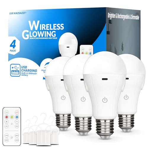 LUXKAZSAZZI WirelessGlow Rechargeable Light Bulbs with Remote, 3 Color Temperatures and Dimmable Battery Light Bulbs, Touch Control + USB Rechargeable Battery Operated Light Bulb, A19