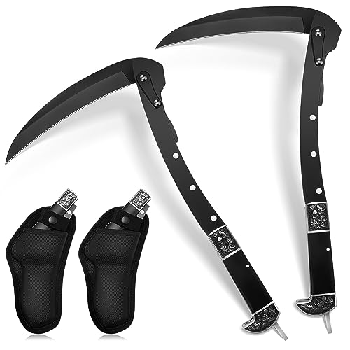 Leriton 2 Pcs Black Sharp Folding Sickle 14.6 inch Grass Hand Sickle Knife Wooden Handle Portable Safety Manual Sickle Garden Tool with Sheath for Lawn Branches Weeds Gardening Farming Cutting