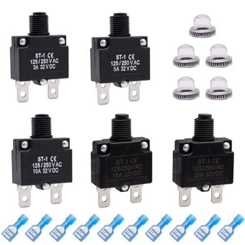 mxuteuk 5Pcs 3,5,10,15,20Amp Circuit Breakers Push Button Manual Reset 125_250V AC 32V DC,Overload Protector Switch Thermal Circuit Breakers with Quick Connect Terminals and Waterproof Button Caps