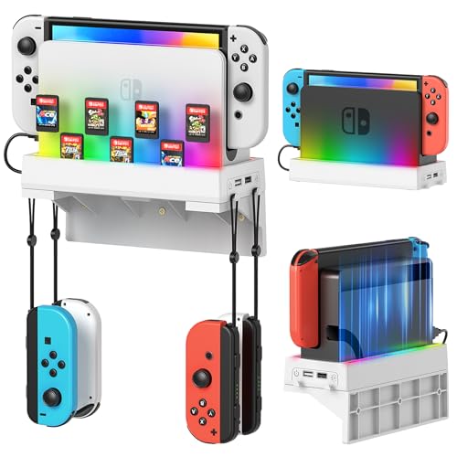 RGB Switch Wall Mount Kit for Nintendo Switch and OLED, Switch Dock Console Holder Stand, Switch Accessories with 7 Light Modes, 7 Card Slots, 4 Joy Con Hangers, 2 USB Ports, Behind TV, Snow White