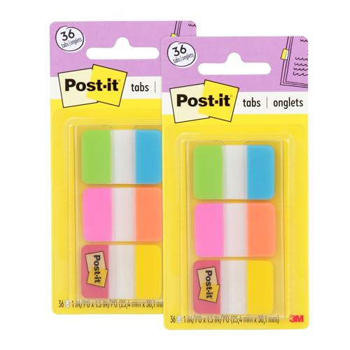 Post-it Tabs, 1 in Solid, Aqua, Yellow, Pink, Red, Green, Orange, 6_Color, 36_Dispenser (686-ALOPRYT) (Pack of 2)