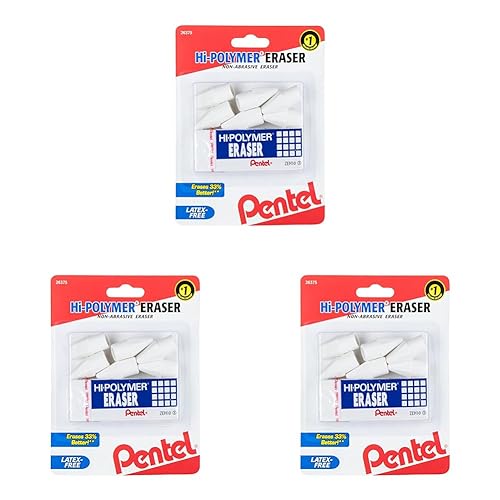 Pentel HI-Polymer Eraser Combo Pack, 6 Caps, 1 Large (ZEH0210BP7) (Pack of 3)