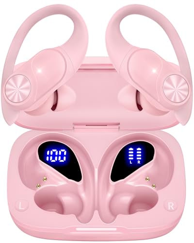 PocBuds Bluetooth Headphones Wireless Earbuds 80hrs Playtime Wireless Charging Case Digital Display Sports Ear Buds with Earhook Deep Bass IPX7 Waterproof Over-Ear Earphones for TV Phone Laptop Pink