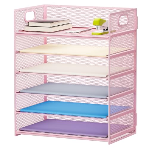 Marbrasse 6 Tier Paper Organizer Letter Tray - Mesh Desk File Organizer with Handle, Paper Sorter Organizer for Letter_A4 Office File Folder Holder - Pink…