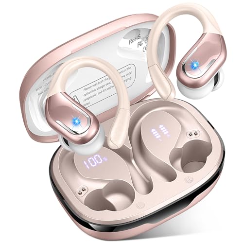 Wireless Earbud, 75H Bluetooth 5.4 Headphones Sport IP7 Waterproof, Running Wireless Earphones with ENC Noise Canceling Mic, 3D Bass Over Ear bud with Earhooks for Android, iOS, Workout, Gym, Rosegold