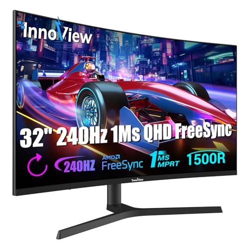 InnoView 32 Inch 240Hz QHD 1440p 1ms Curved Gaming Monitor Height Adjustable 99zz sRGB FreeSync HDR10 Eyes Care Computer PC Gamer Monitor with 3W*2 Speakers Built in DP HDMI for Game