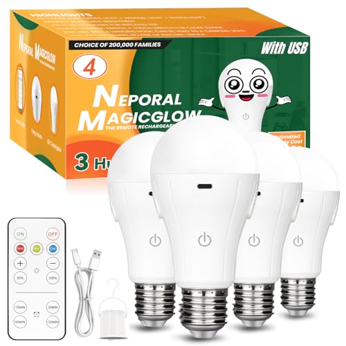 Neporal MagicGlow Rechargeable Light Bulbs with USB Charger Cable, 3 Hue Shift Dimmable Up to 20 Hr LED Battery Powered Light Bulb with Remote 15W A19 Rechargeable Light Bulbs for Lamps with No Outlet