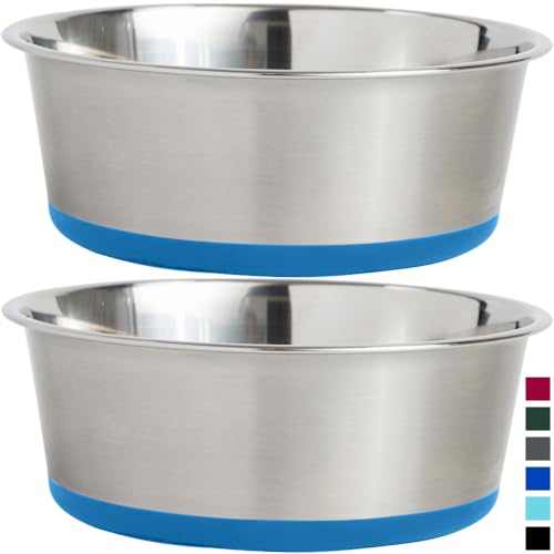 Gorilla Grip Stainless Steel Metal Dog Bowl Set of 2, Rubber Base, Heavy Duty, Rust Resistant, Food Grade BPA Free, Less Sliding, Quiet Pet Bowls for Cats and Dogs, Holds 6 Cups (48 fl oz), Aqua