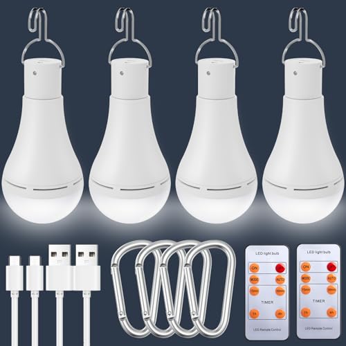 Brightown USB Rechargeable Light Bulb with Remote and Timer, Battery Backup Emergency Light Bulbs for Home Power Outage, Hanging LED Light Bulb with Hook for Camping Tent, White, 900LM, 6000K, 4 Pack