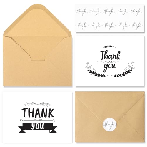 NESCCI 24 PCS Thank You Cards With Envelopes,thank you cards,4x6 Inch Minimalistic Design, Thank You Notes for Wedding,Business, Baby Shower, Small Business, Funeral, Graduation(Black Flowers)