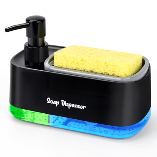 Hand and Dish Soap Dispenser Set for Kitchen, Dual Soap Dispenser with Sponge Holder, 3-in-1 Countertop Soap Pump Dispenser for Kitchen Sink, Useful Kitchen Gadgets - Black