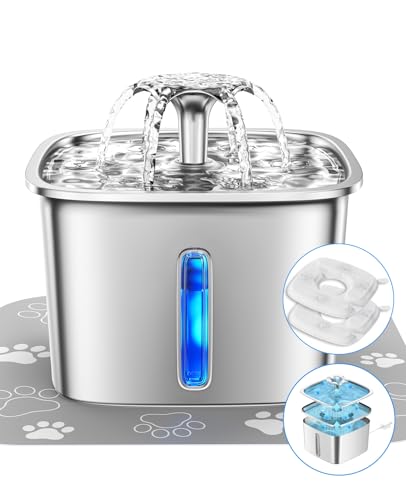 Veken Innovation Award Winner Stainless Steel Cat Water Fountain, 95oz_2.8L Automatic Pet Fountain Dog Water Dispenser with Replacement Filters & Silicone Mat for Cats, Dogs, Multiple Pets (Silver)