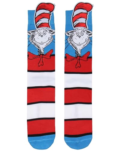 Bioworld Dr. Seuss Cat In The Hat Adult Mid Calf Crew Socks with 3D Embroidered Hat