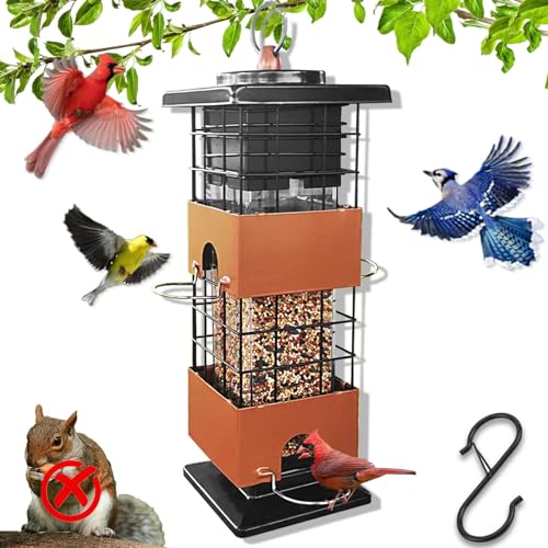 Bird Feeder for Outside, Squirrel Proof Bird Feeders with Weight Activated Spring, 2.5 Lbs Birdseed Capacity, Metal Birds Feeder for Outdoors Hanging Wild Birds Feeder for Cardinal, Finch, Sparrow