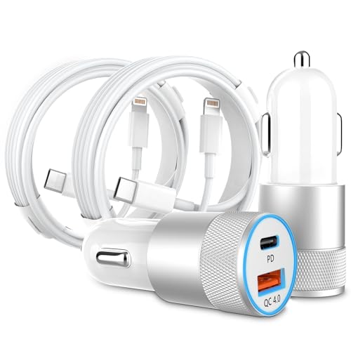 Car Charger [Apple MFi Certified], 2 Pack 48W Dual Port USB C Car Charger All Metal iPhone Fast Car Adapter with 2x3ft Lightning Cable, PD_QC 4.0 Type C Fast Charging for iPhone_iPad_Airpods and More