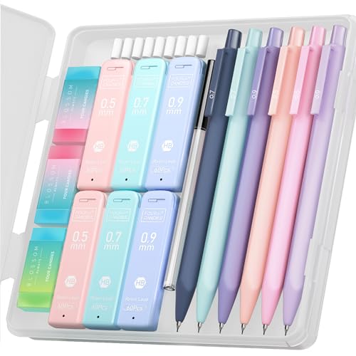 Four Candies Cute Mechanical Pencil Set, 6PCS Pastel Mechanical Pencils 0.5 mm & 0.7mm & 0.9mm with 360PCS Leads, 3PCS Erasers and 9PCS Eraser Refills, Aesthetic Pencils for Girls Writing, Art Drawing