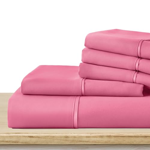 Heywaller 6 Pcs Hot Pink Bed Sheets with Similar Edge, Queen Size Bed Set Deep Pocket Sheets Fit for 16 Inches Mattress, 1800 Thread Count Microfiber Sheets Soft Bed Sheet Set