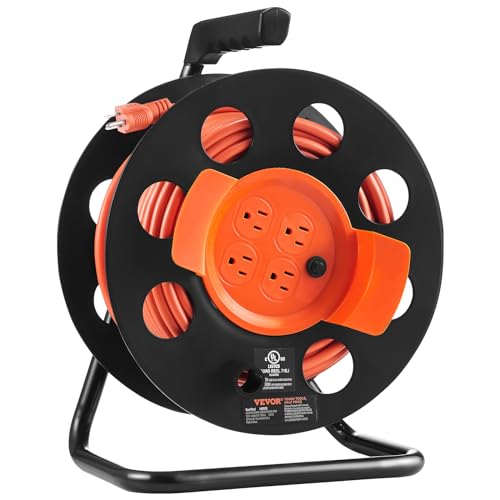 VEVOR Extension Cord Reel, 100FT, with 4 Outlets and Dust Cover, Heavy Duty 12AWG SJTOW Power Cord, Manual Cord Reel with Portable Handle Circuit Breaker, for Outdoor Indoor Toolshed Garage, UL Listed