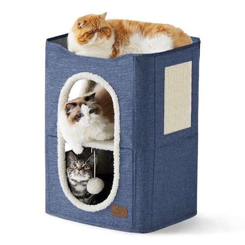 Bedsure 2-Level Cat House for Indoor Cats - Small Cat Towers with Scratch Pad and Hideaway Condo, Cat Cave Bed Furniture for Multi Pets and Large Cats, 18x14x23 inches, Blue