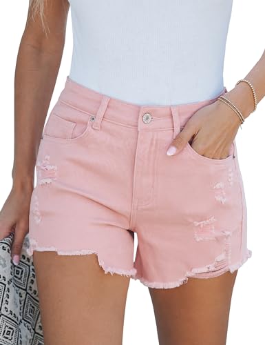 luvamia Jean Shorts for Women High Waisted Stretchy Distressed Denim Shorts Ripped Frayed Raw Hem Summer Casual Shorts Distressed Jean Shorts Women Women High Waisted Jean Shorts Candy Pink Size 8